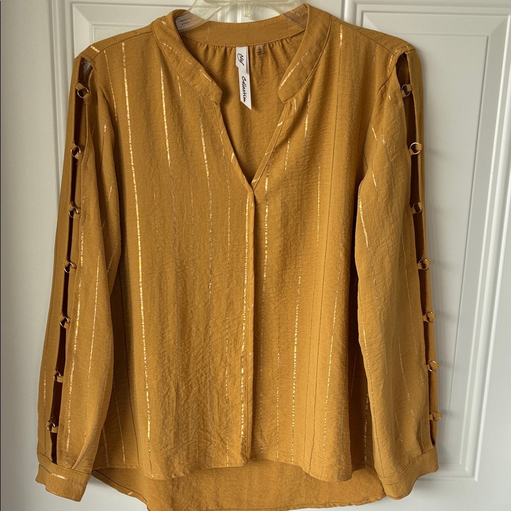 NY Collection Mustard Blouse with Gold Stripe Sleeve Rings
